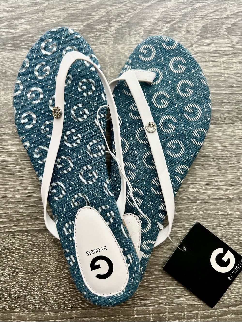 GUESS Jean Monogram Fabric Flip Flops with White Straps